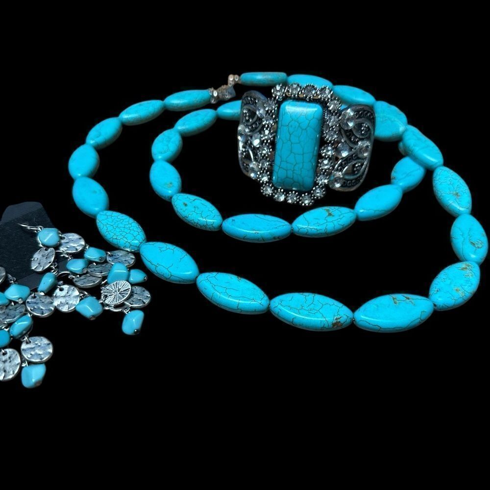Handmade Turquoise Stone 36” Necklace + Rhinestone Clamper + Earrings